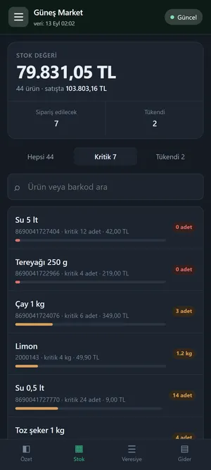 EsnafGo telefon uygulamasında stok listesi