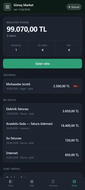 EsnafGo telefon uygulamasında gider listesi